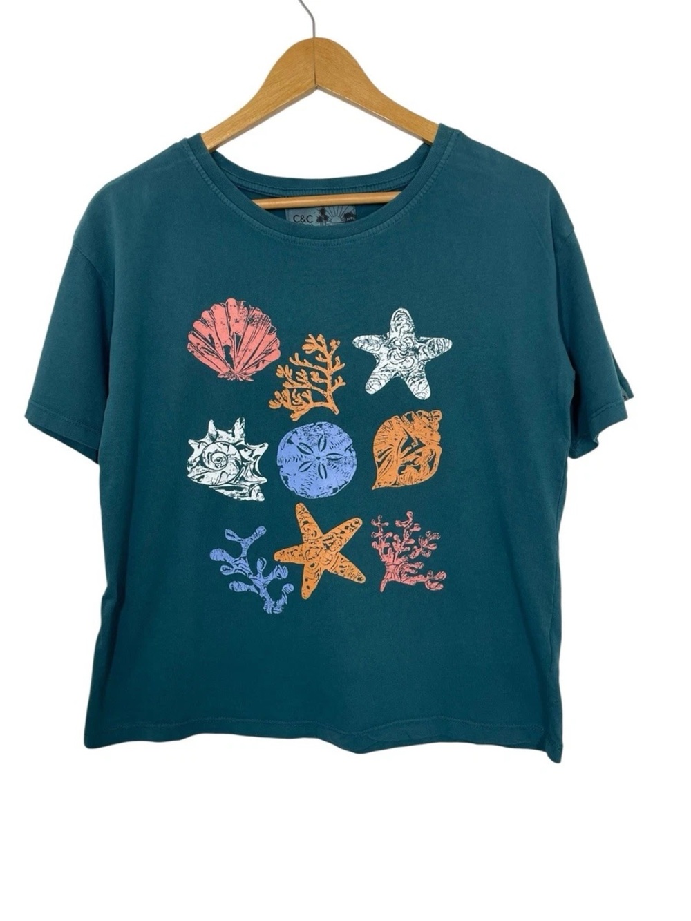 C & C California Sunwashed Seashell Graphic Box Tee Shirt XS Beach Mermaid Boho